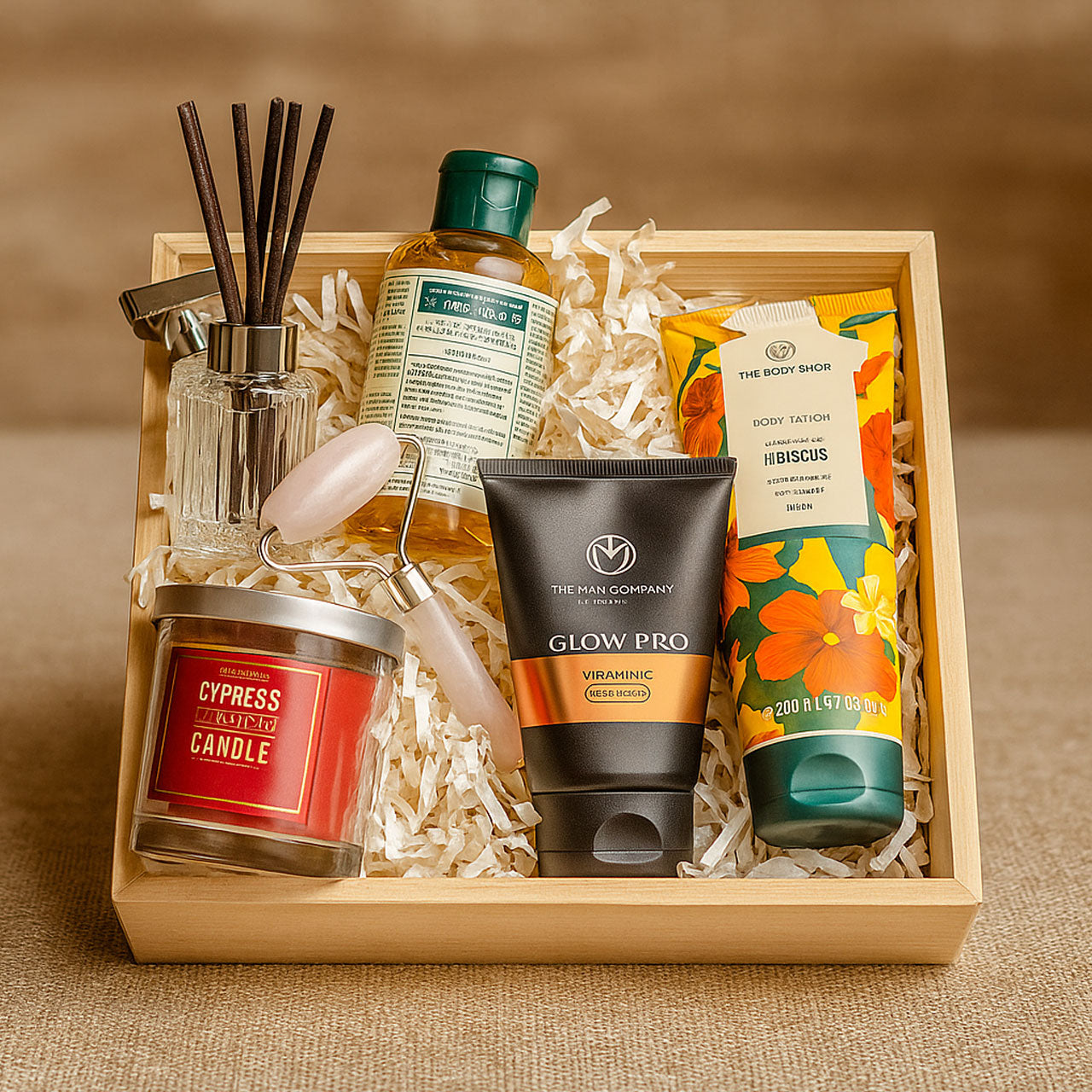 Rennover Pinewood Decorative Gift Basket – Square Wooden Hamper Tray (20cm x 20cm x 6cm) for Gifting & Home Décor