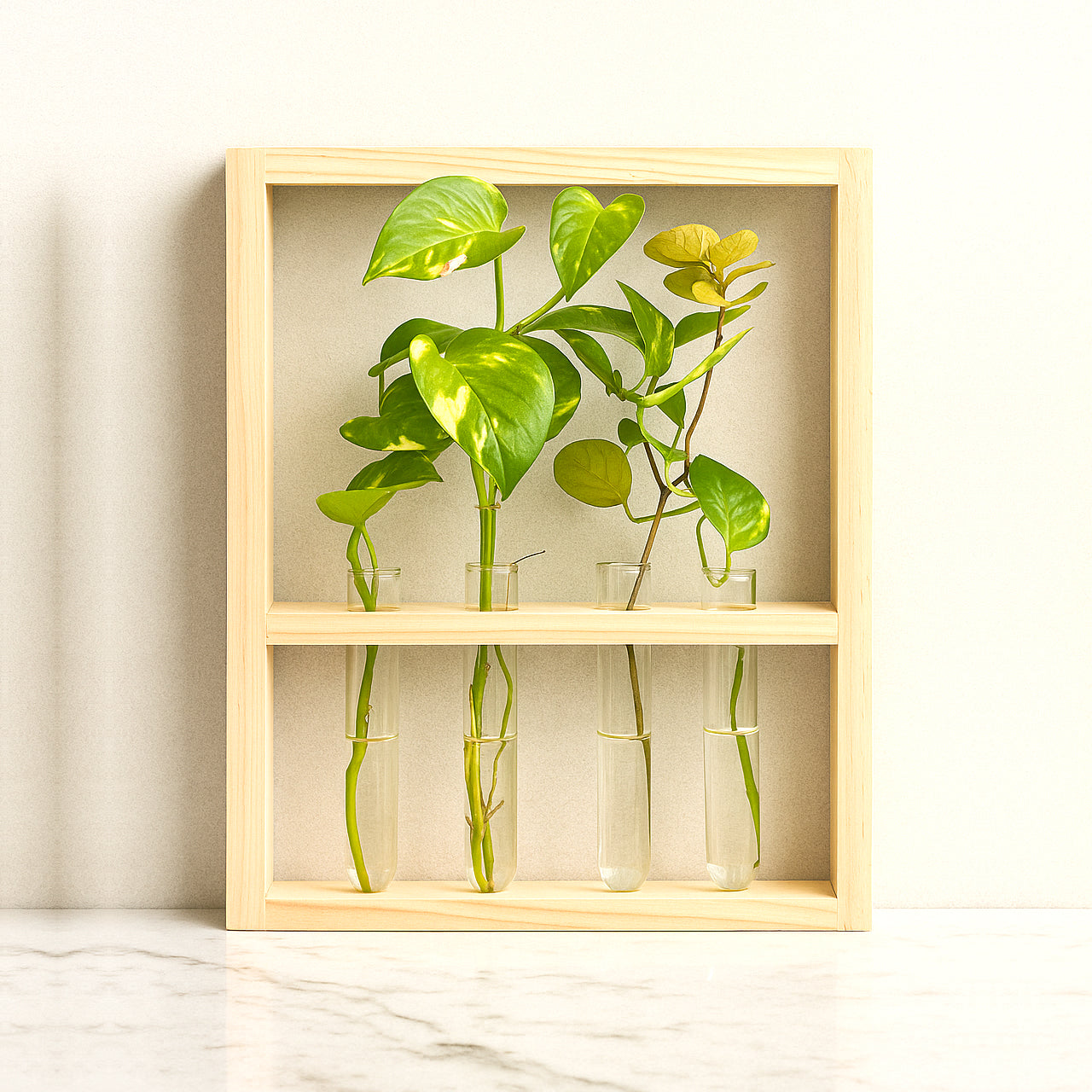 Wall Hanging Glass Planter | Pinewood 4 Test Tube Propagation Station & Tabletop Terrarium for Home, Kitchen & Wedding Decor