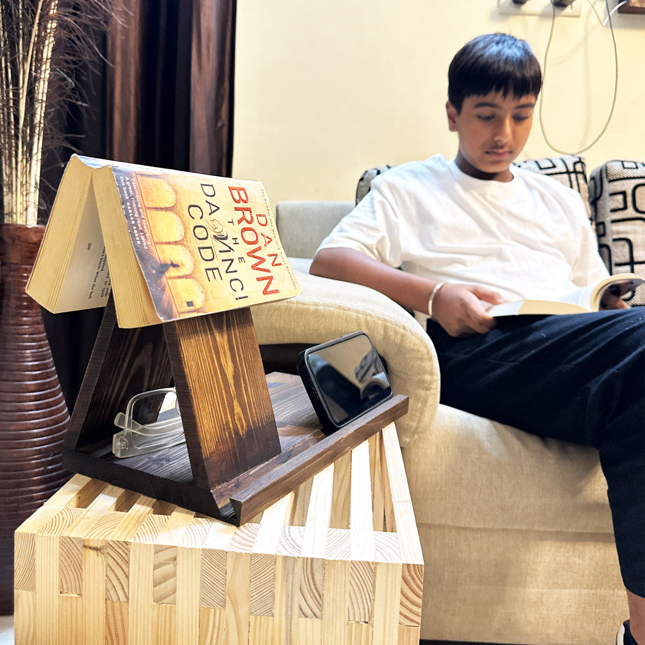 Wooden Book Rest with Cup & Mobile/iPad Holder | Triangle Book Stand & Mug Stand | Portable and Polished Wooden Page Rest