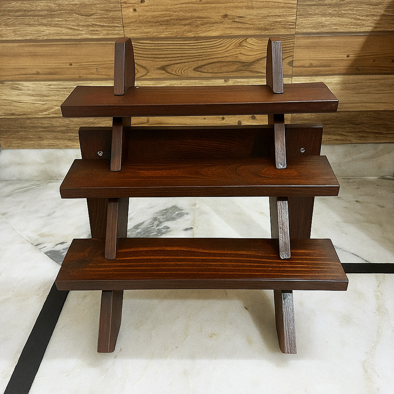 Collapsible Wooden Staircase Display Stand – 3-Tier Brown Customizable Organizer for Craft Fairs & Artisan Markets