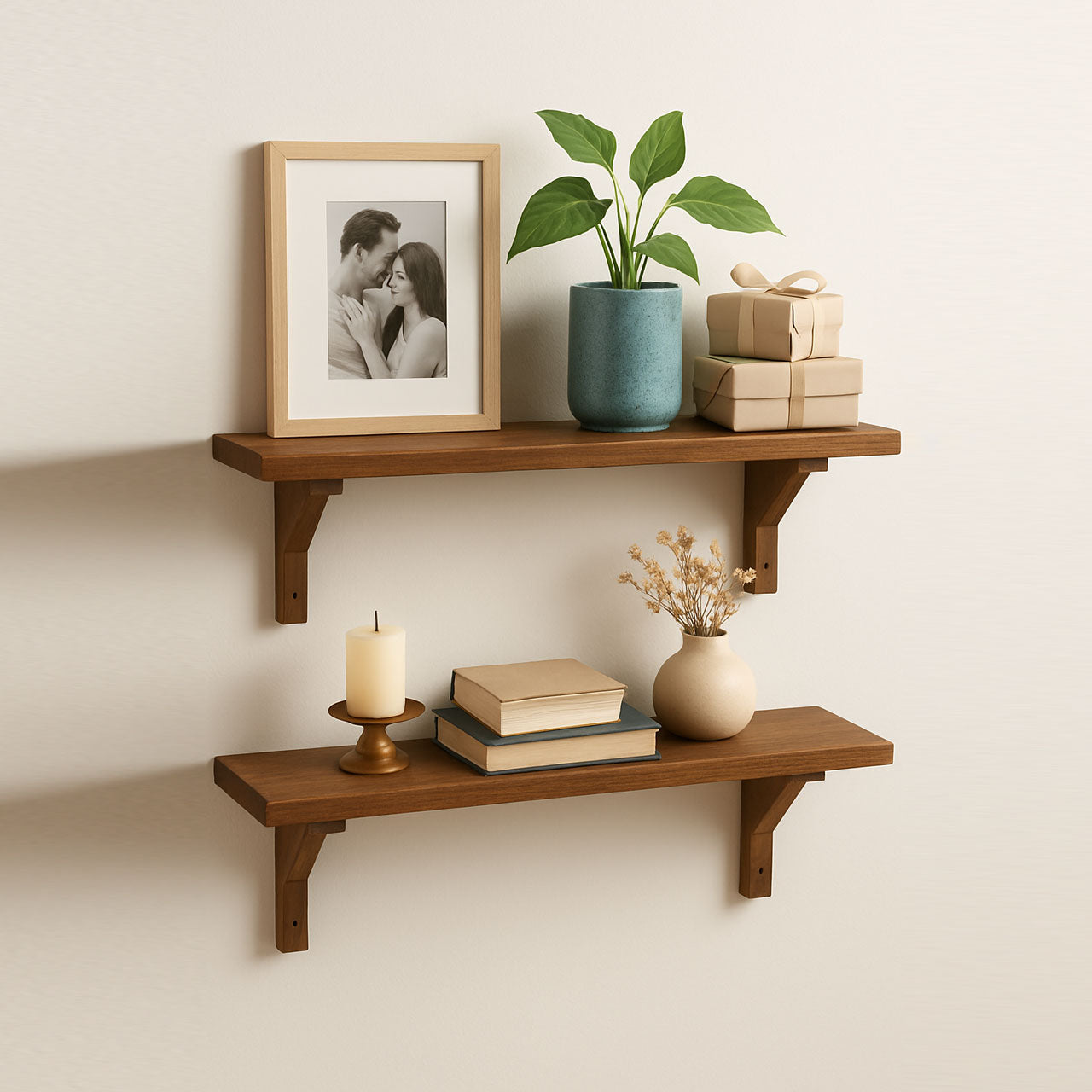 Wall-Mounted Wooden Shelf with Brackets – 80cm Rustic Organizer Rack