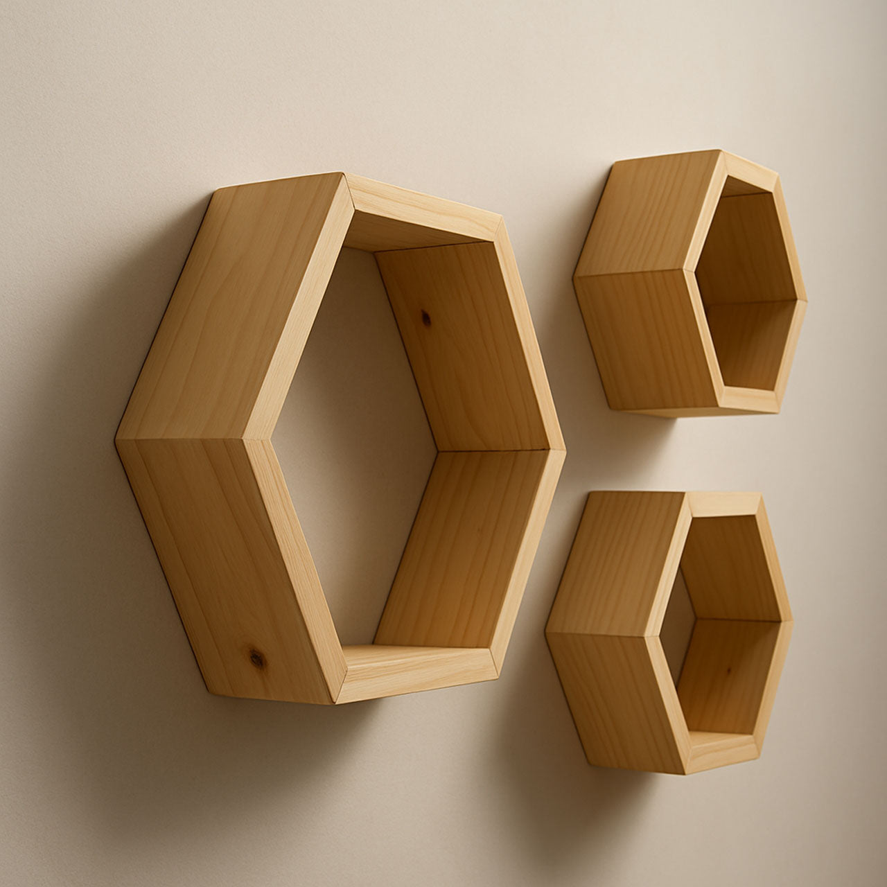 Hexagon Pinewood Wall Shelves (3-Pack) – Natural Color Floating Shelves for Bedroom & Kitchen | Rennover