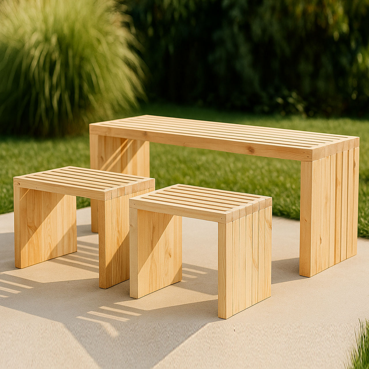 Outdoor/Indoor Wood Bench with 2 Stools – Large 4-Seater Pine Bench Set in Natural Cedar Finish