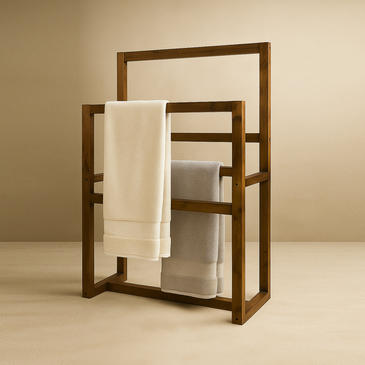 Wooden Towel Rack Holder – 2-Tier Freestanding Towel Stand with Bottom Shelf for Bathroom, Hand Towels, Washcloths, Spa & Corners