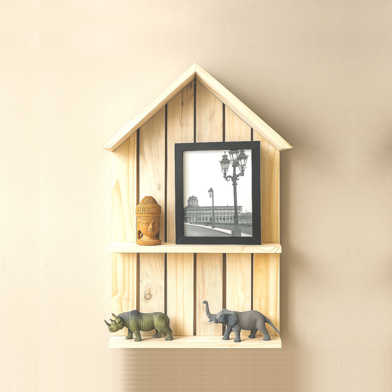 Mini House Design 2-Tier Wall Shelf | Wooden Hanging Rack for Home & Office