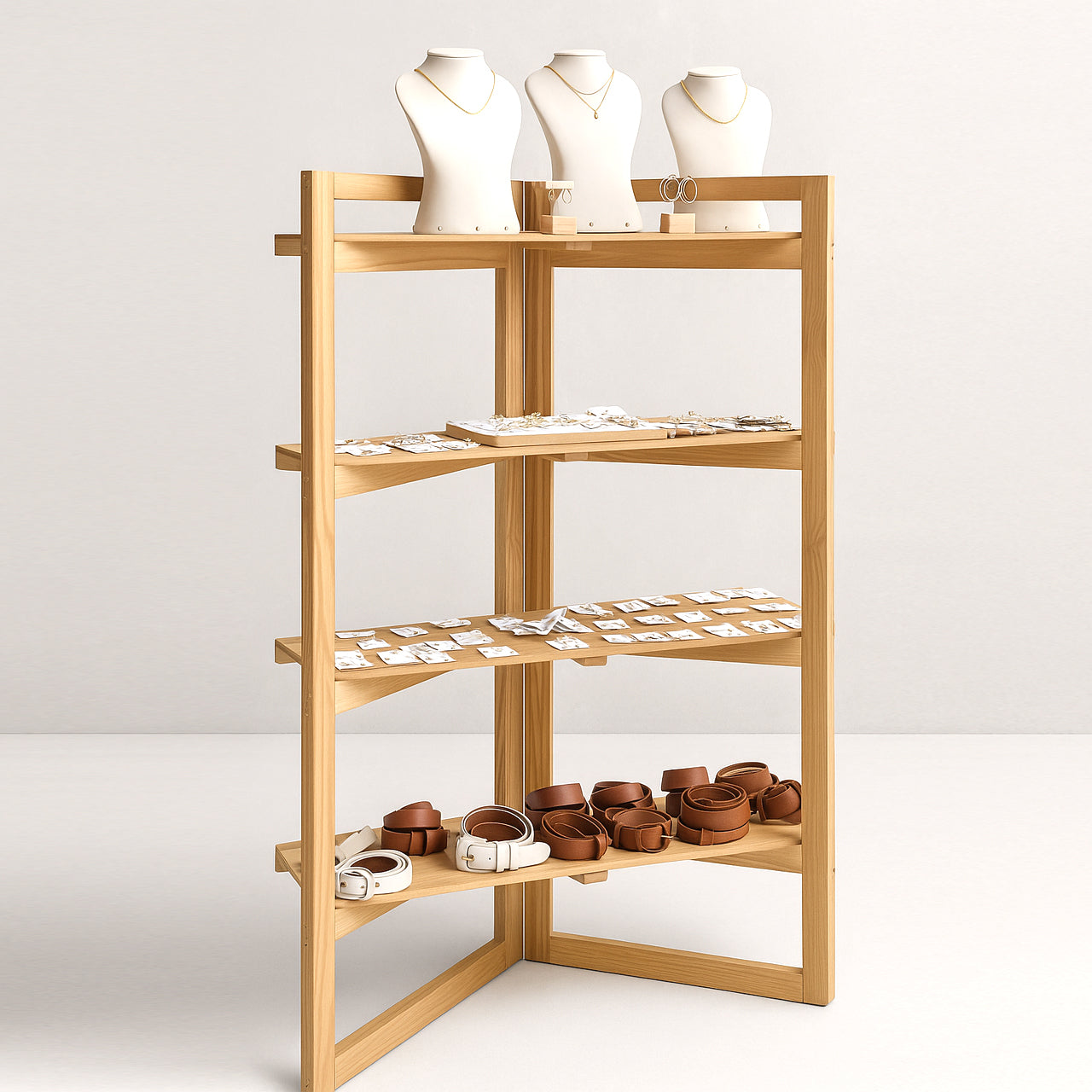 Wooden Display Stand for Market Stalls – 4-Tier Foldable Pine Rack for Pop-Ups & Events