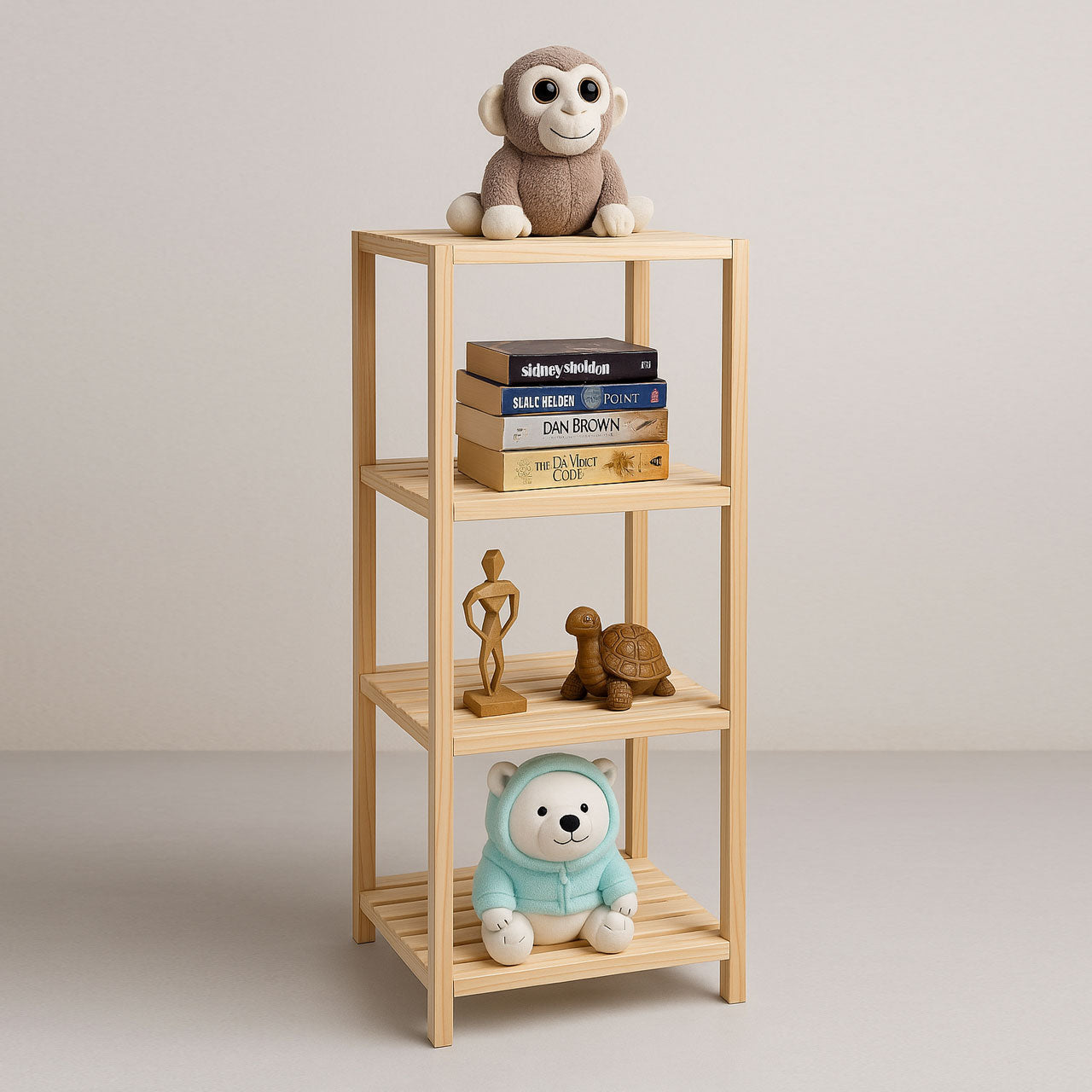 Solid Pinewood 4-Tier Shelf – Square Display Rack for Plants, Books & More