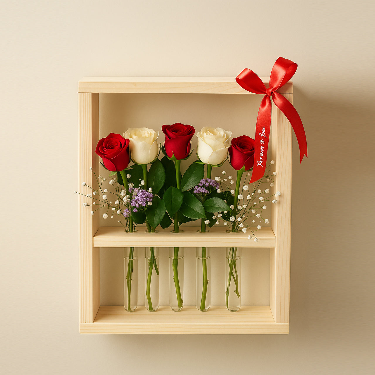 Wall-Mounted 5 Test Tube Planter | Pinewood Hanging Flower Vase for Roses & Plants – Valentine’s Day Gift