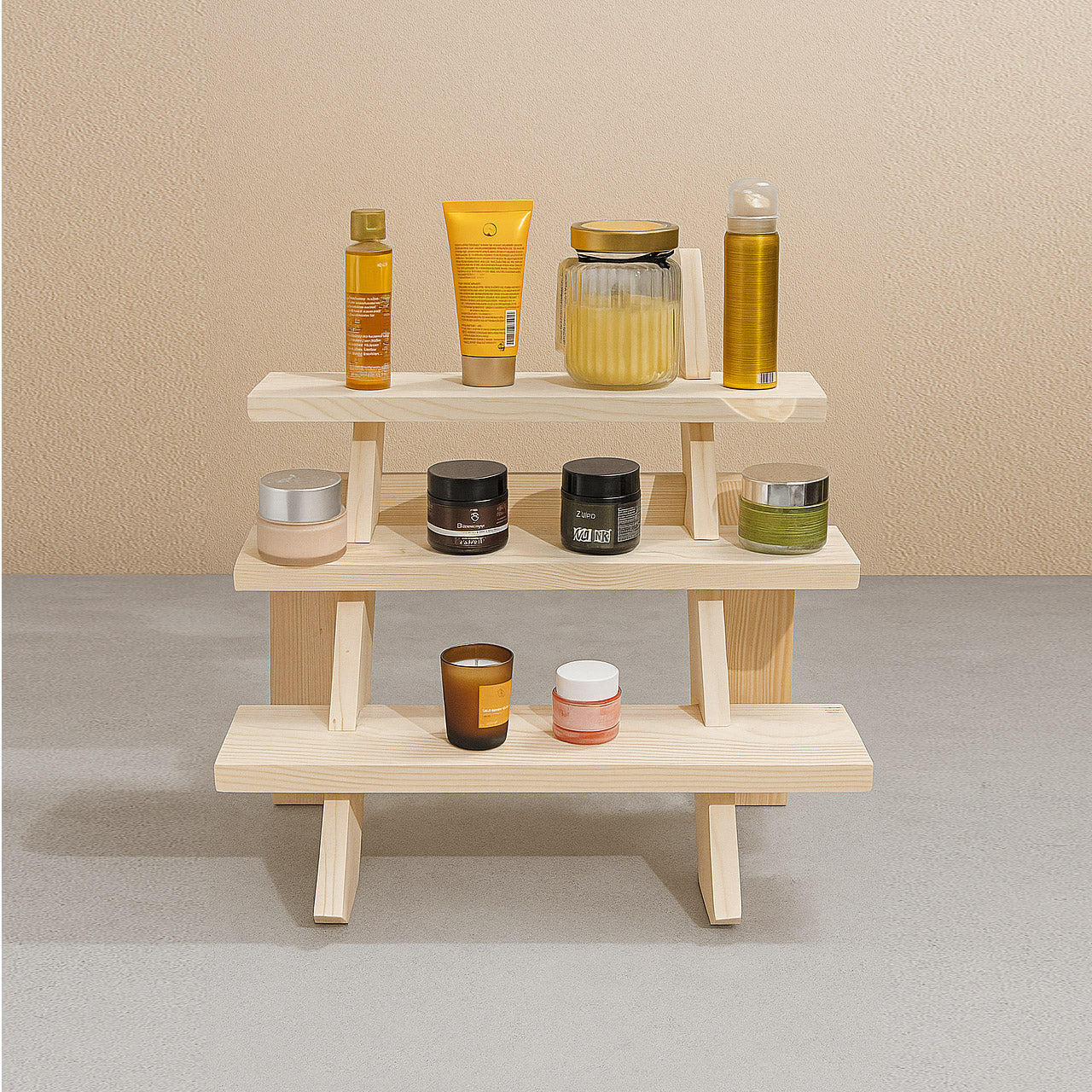 Collapsible Wooden Staircase Display Stand – 3-Tier Customizable Organizer for Craft Fairs & Artisan Markets