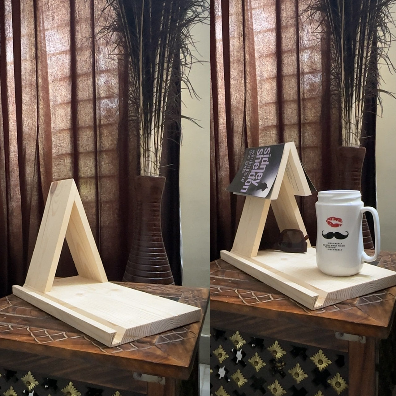 Wooden Book Rest with Cup & Mobile/iPad Holder | Triangle Book Stand & Mug Stand | Portable and Polished Wooden Page Rest