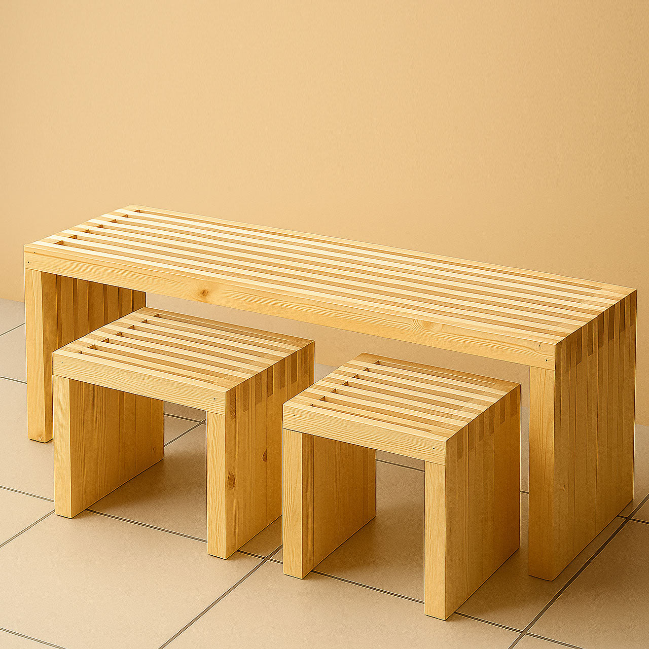 Outdoor/Indoor Wood Bench with 2 Stools – Large 4-Seater Pine Bench Set in Natural Cedar Finish