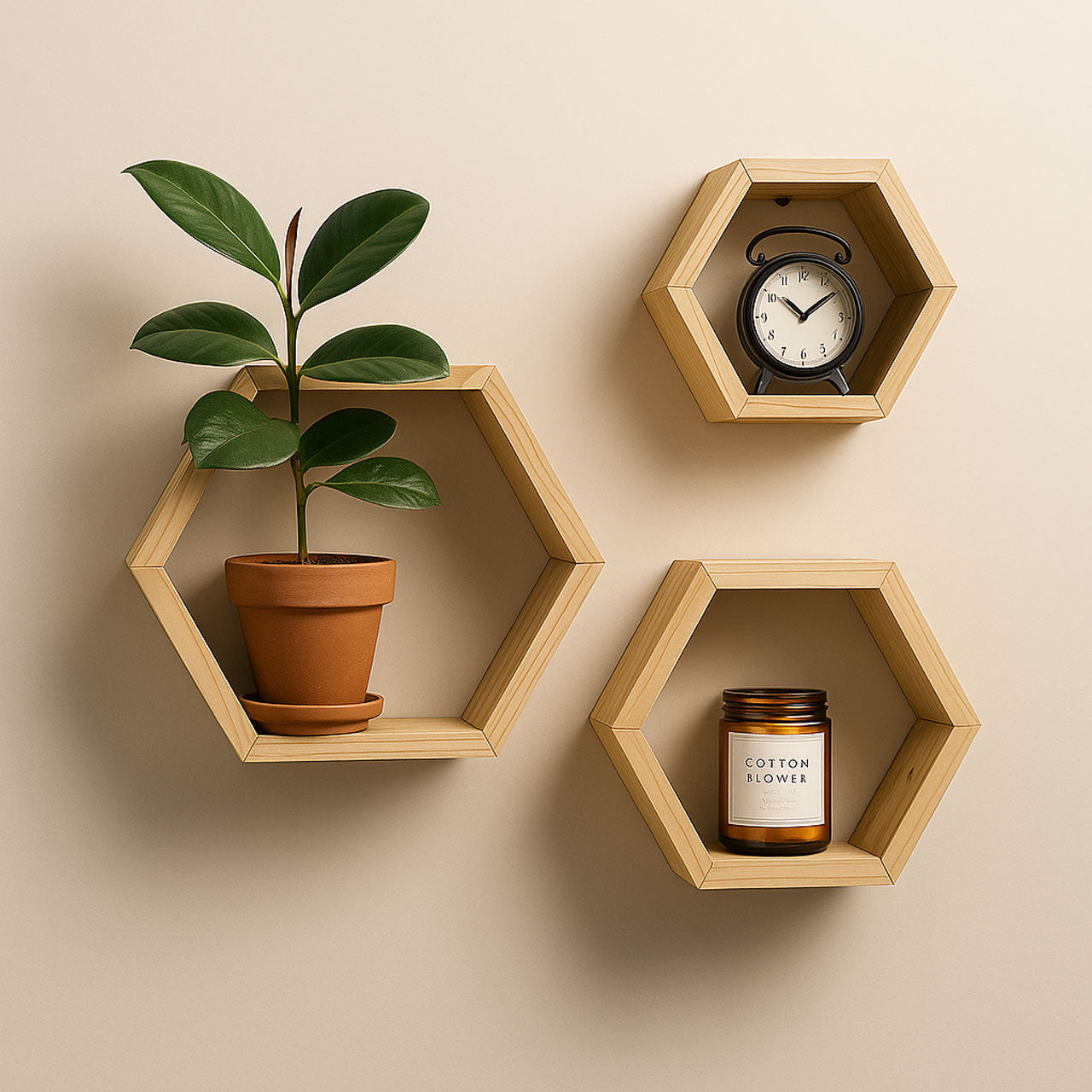 Hexagon Pinewood Wall Shelves (3-Pack) – Natural Color Floating Shelves for Bedroom & Kitchen | Rennover