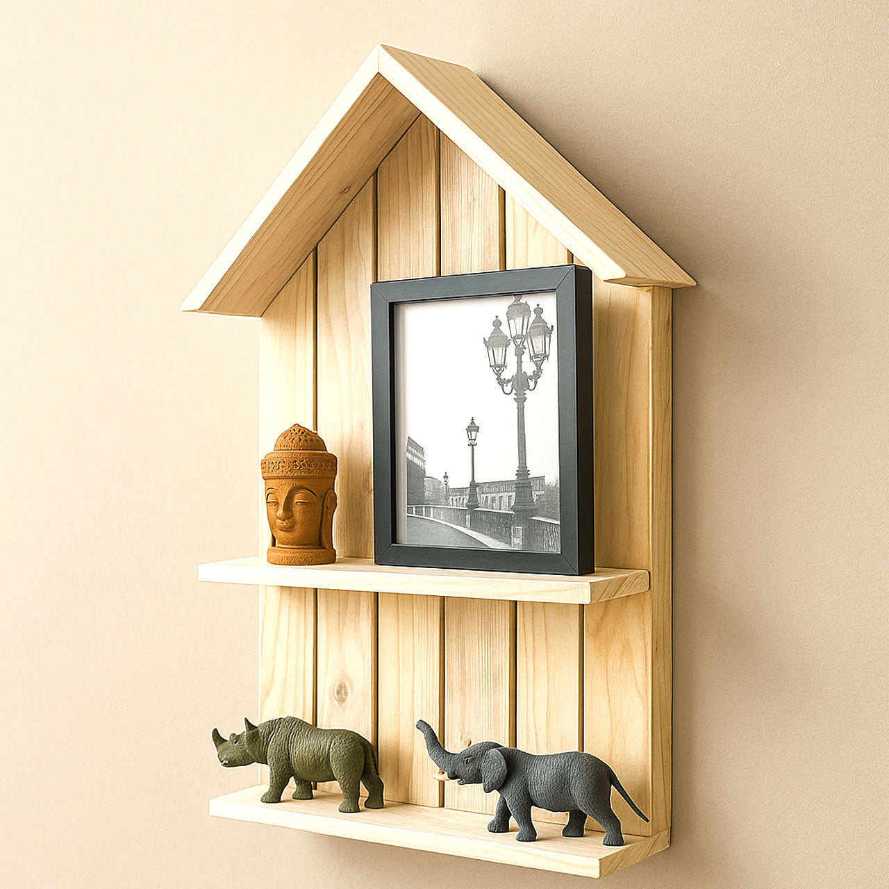 Mini House Design 2-Tier Wall Shelf | Wooden Hanging Rack for Home & Office