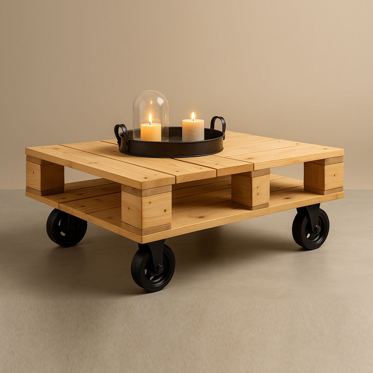 Handcrafted Wooden Coffee Table on Wheels – Pinewood 2-Tier Shelf for Living Room