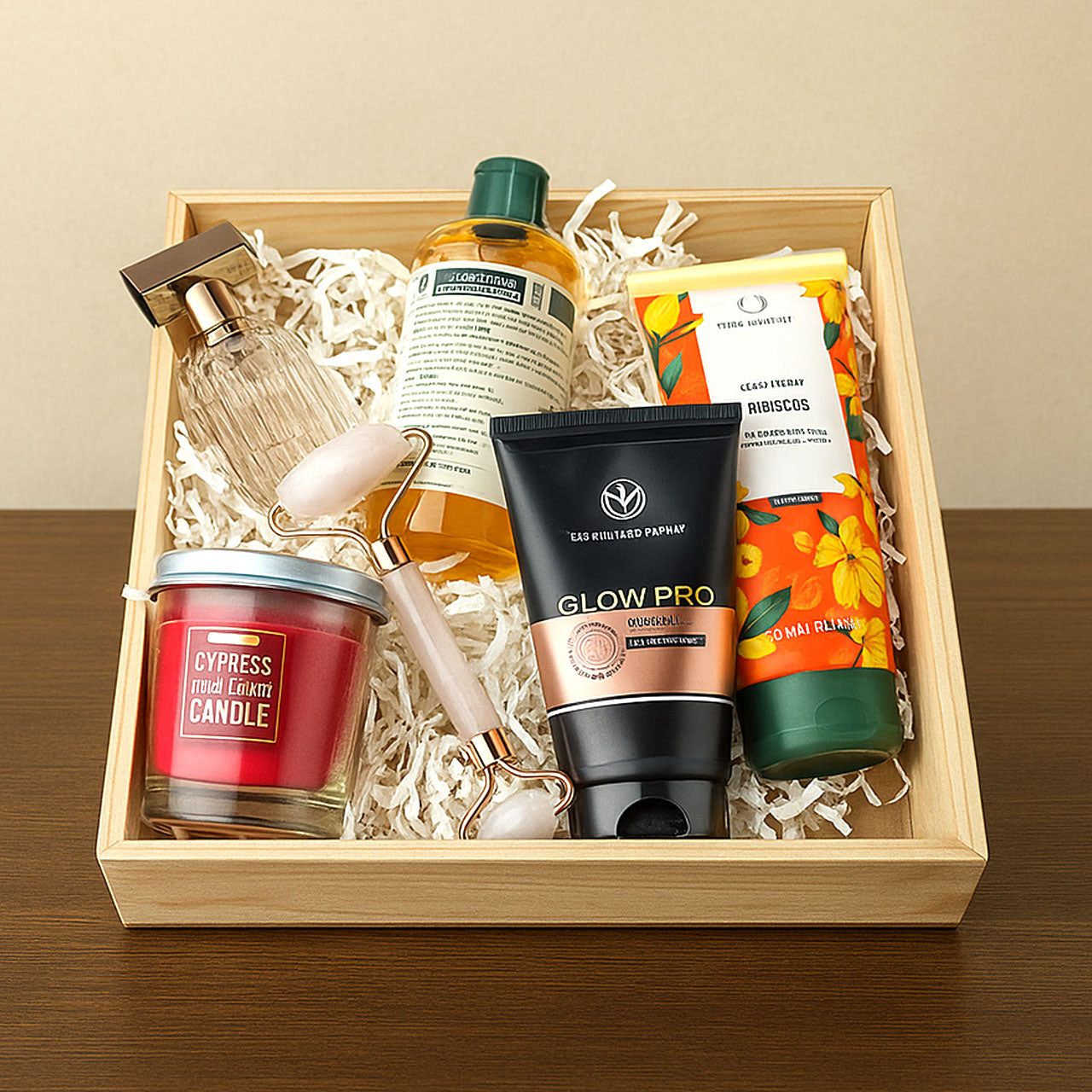 Rennover Pinewood Decorative Gift Basket – Square Wooden Hamper Tray (20cm x 20cm x 6cm) for Gifting & Home Décor