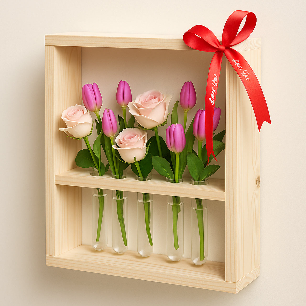 Wall-Mounted 5 Test Tube Planter | Pinewood Hanging Flower Vase for Roses & Plants – Valentine’s Day Gift
