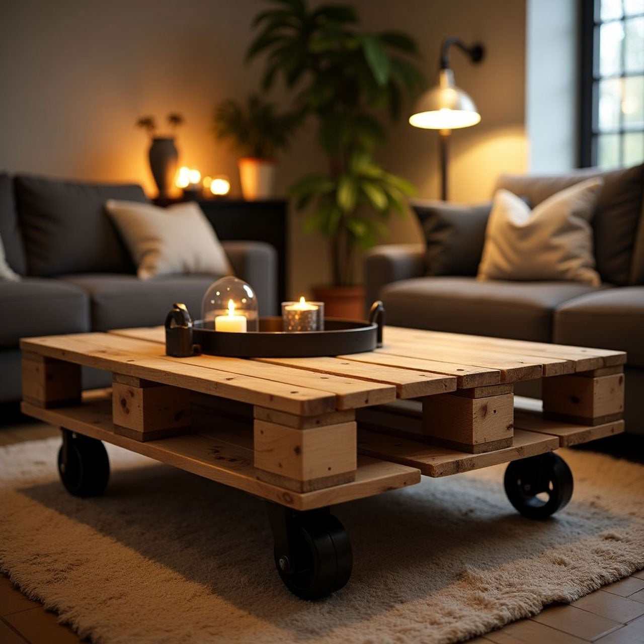 Handcrafted Wooden Coffee Table on Wheels – Pinewood 2-Tier Shelf for Living Room