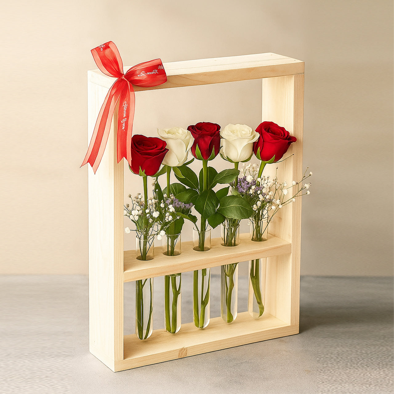 Wall-Mounted 5 Test Tube Planter | Pinewood Hanging Flower Vase for Roses & Plants – Valentine’s Day Gift