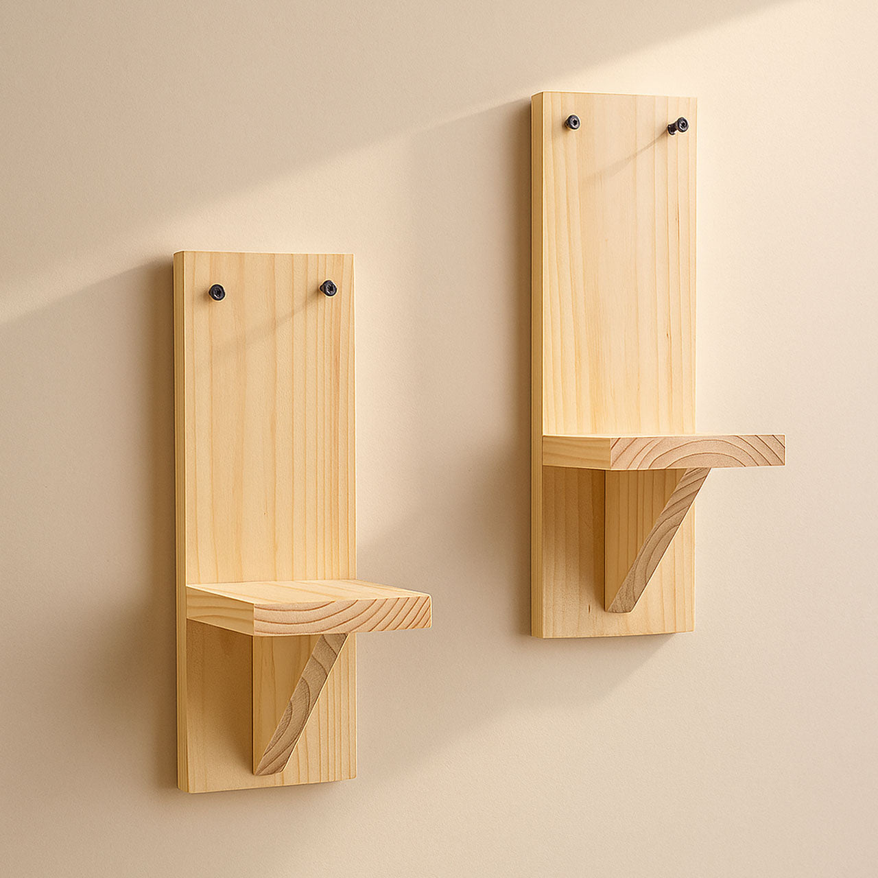 Small Wooden Wall Shelves for Plants – Set of 2 | Mini Floating Wall Shelf | 1-Tier Each | Wall Mounted Decorative Rack | Beige | Ideal for Succulents, Candles, Home Décor