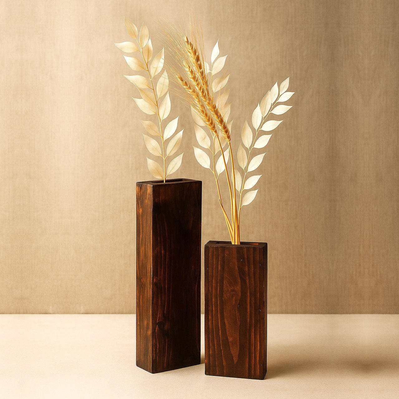Rustic Pinewood Vase Set of 2 | Handcrafted Large & Small Wooden Flower Holders for Home & Office Décor