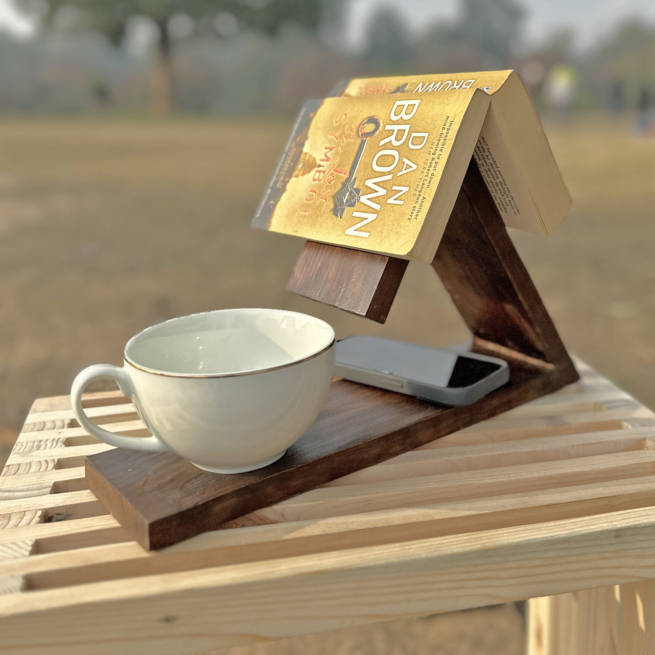 Wooden Book Rest with Cup & Mobile/iPad Holder | Triangle Book Stand & Mug Stand | Portable and Polished Wooden Page Rest
