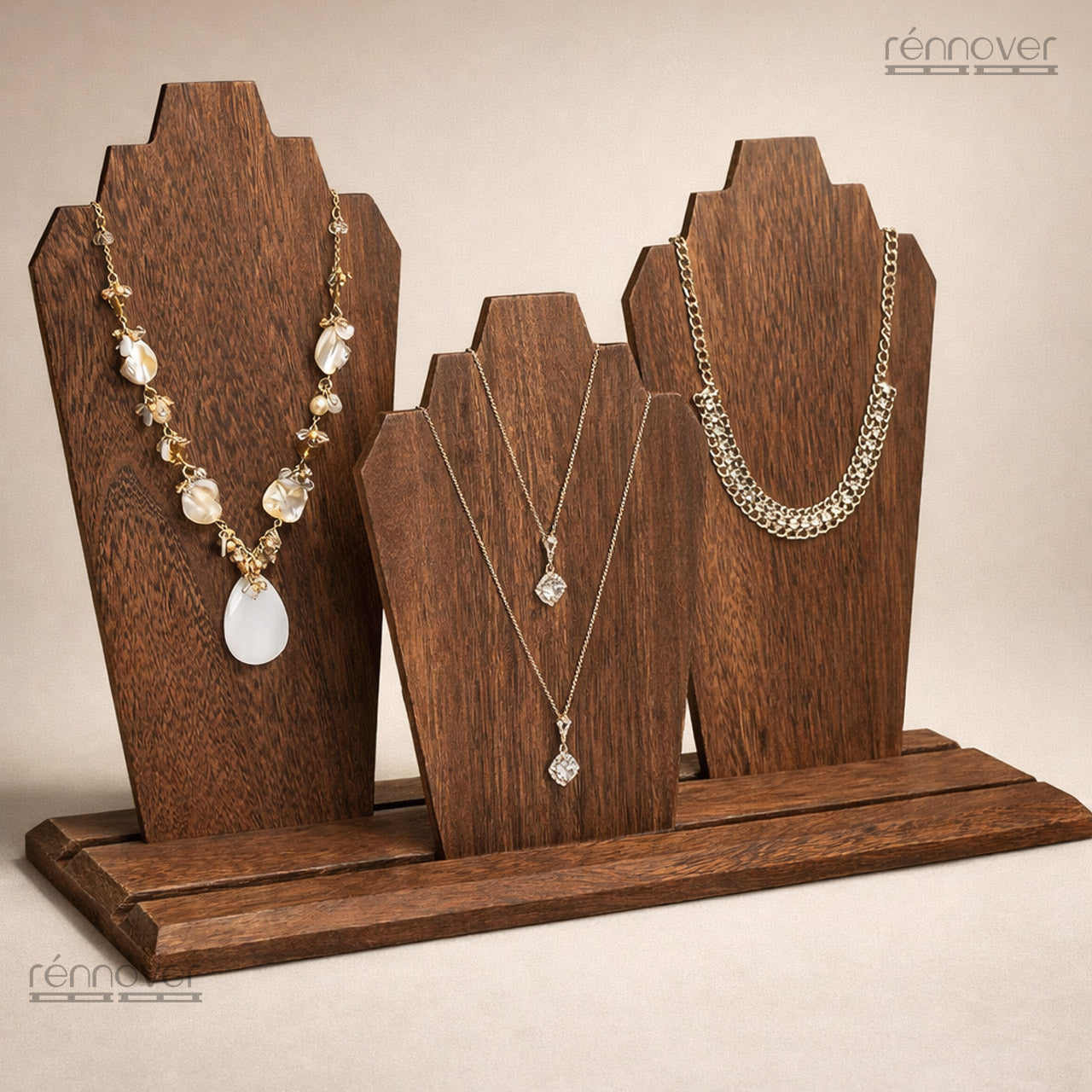 Necklace Display Stand – 3 Tier Pinewood Jewellery Bust Holder (Dark Polish)