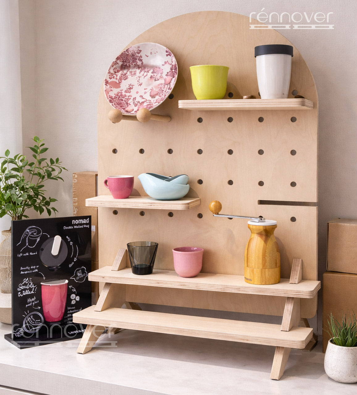Peg Board with Dowels & Stairs Shelves  - Removable Shelf Display | MDF with Pinewood Dowels
