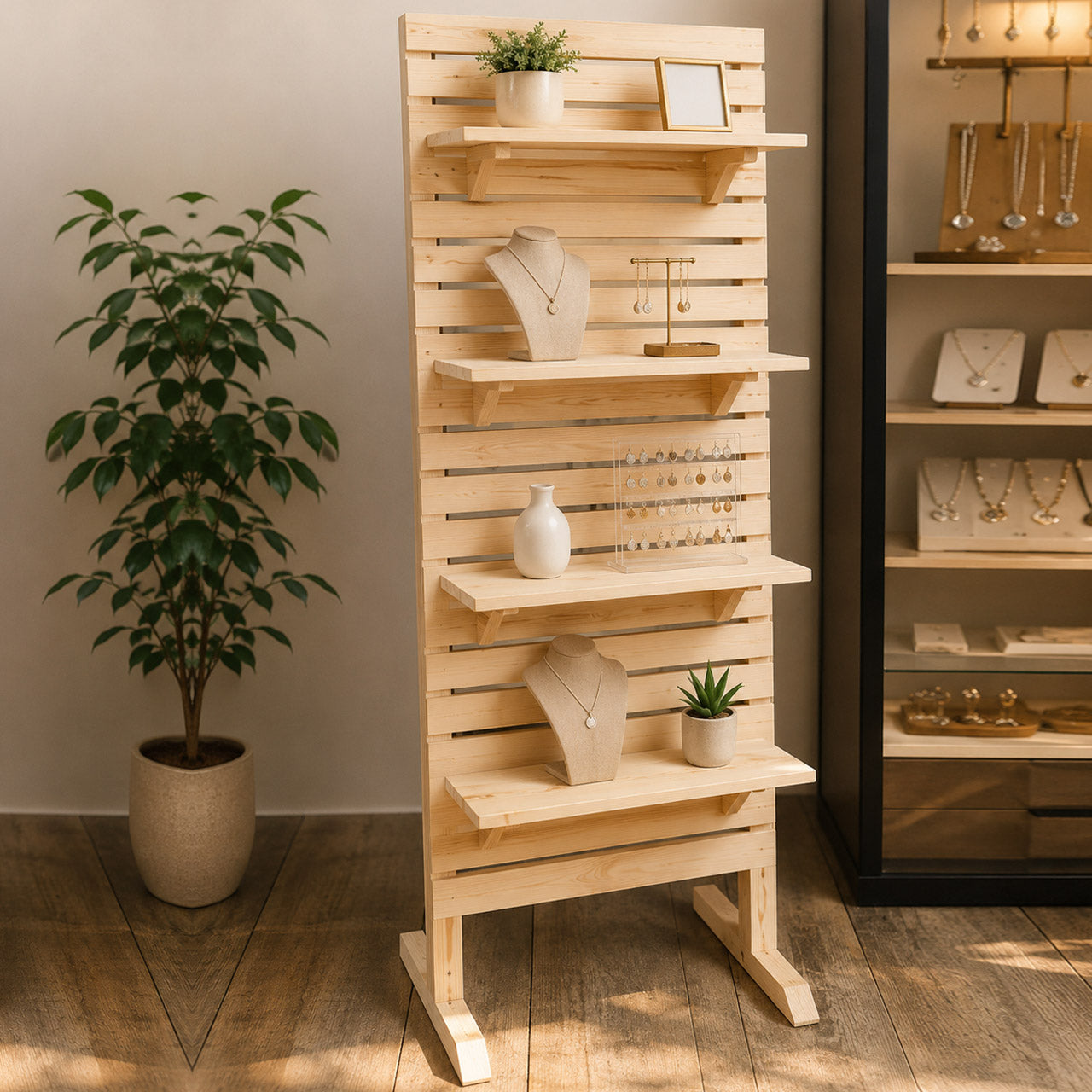 Pinewood Slat Wall Display Panel with Shelves – 1.5 ft x 5 ft Retail & Exhibition Display Stand