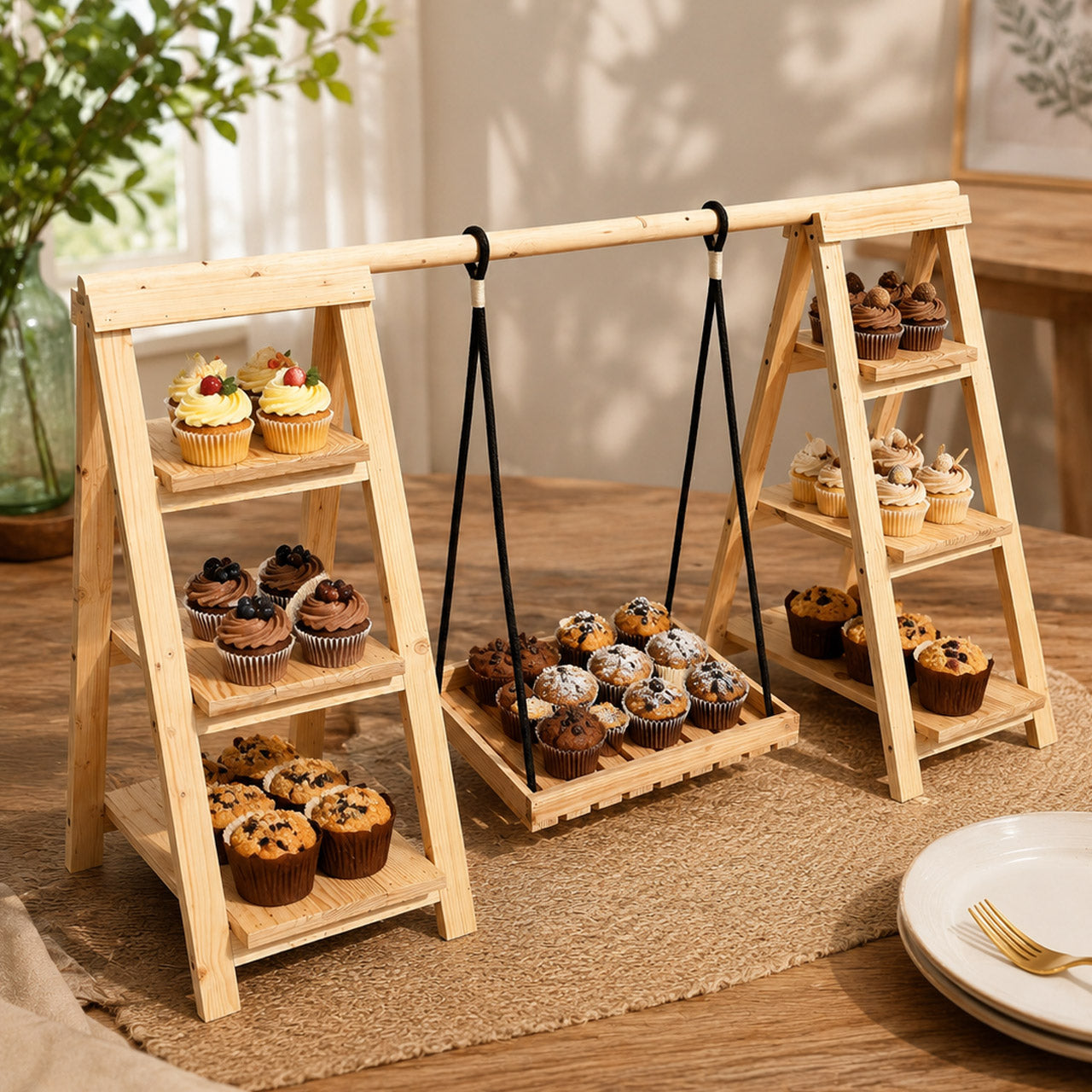 Premium 3 Tier Wooden Hanging Dessert Decor Serving Tray Stand