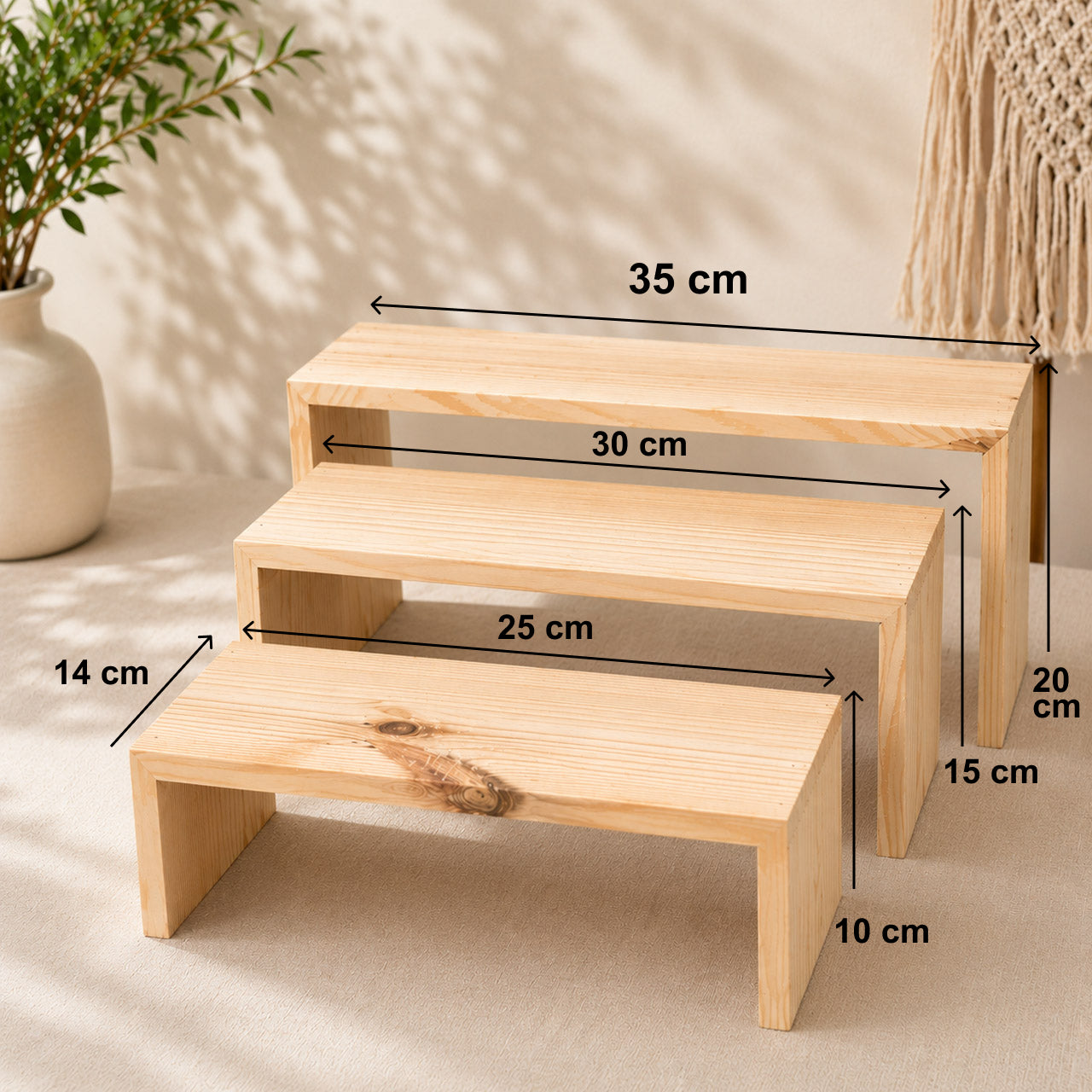 3-Tier Deep Wooden Display Risers (14 cm Depth) – Premium Stand for Retail, Events & Home Styling