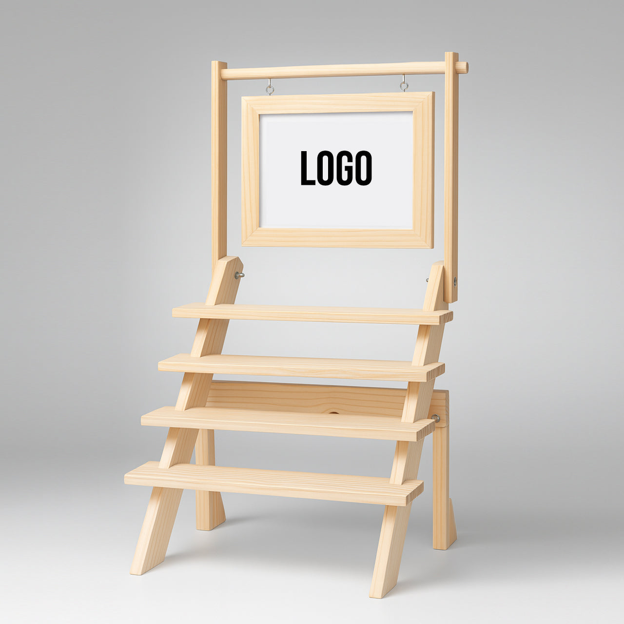 Compact Foldable 4-Tier Wooden Display Stand – Collapsible Staircase Organizer with Branding Frame & 3 Bars | Perfect for Small Businesses, Events & Exhibitions