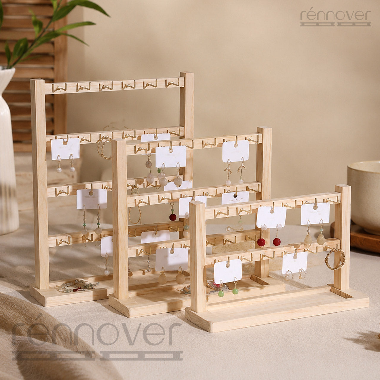 3-Stands Pinewood Earring Display Stand Sets – Multi-Size Jewelry Organizer & Retail Display Combo