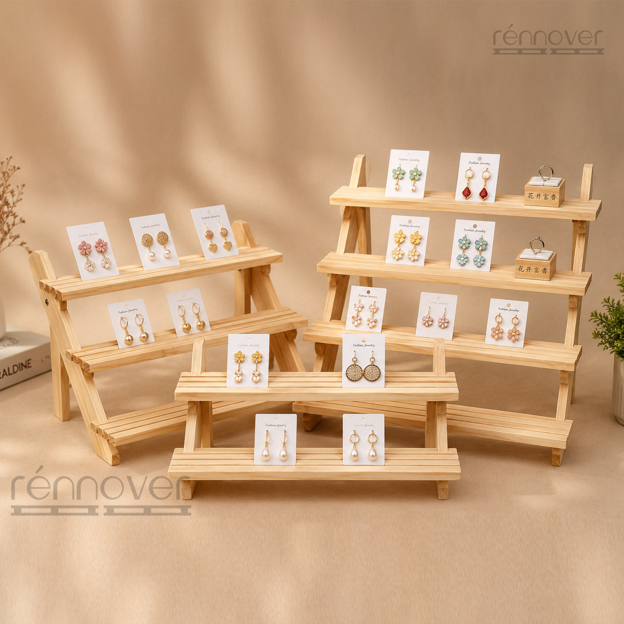 Set of 3 Tiered Pinewood jewellery Display Stands | Countertop Earring Display