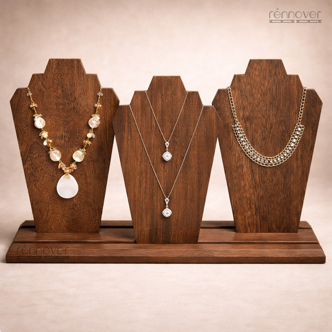 Necklace Display Stand – 3 Tier Pinewood Jewellery Bust Holder (Dark Polish)