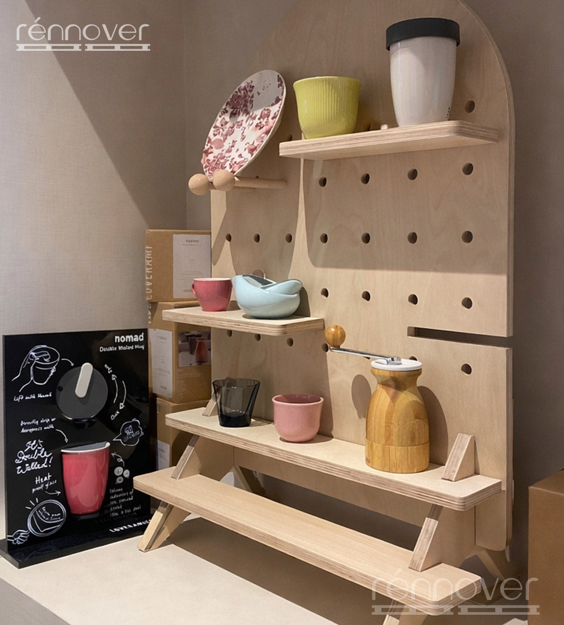 Peg Board with Dowels & Stairs Shelves  - Removable Shelf Display | MDF with Pinewood Dowels