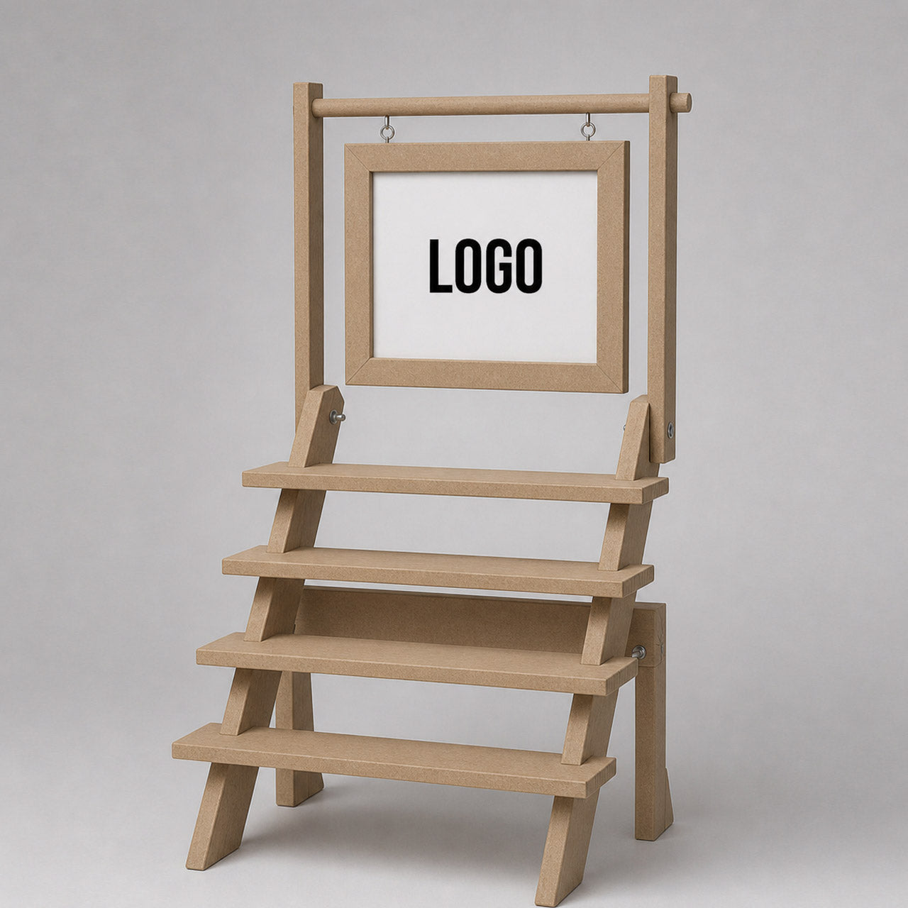 Compact Foldable 4-Tier MDF Display Stand – Collapsible Staircase Organizer with Branding Frame & 3 Bars | Perfect for Small Businesses, Events & Exhibitions