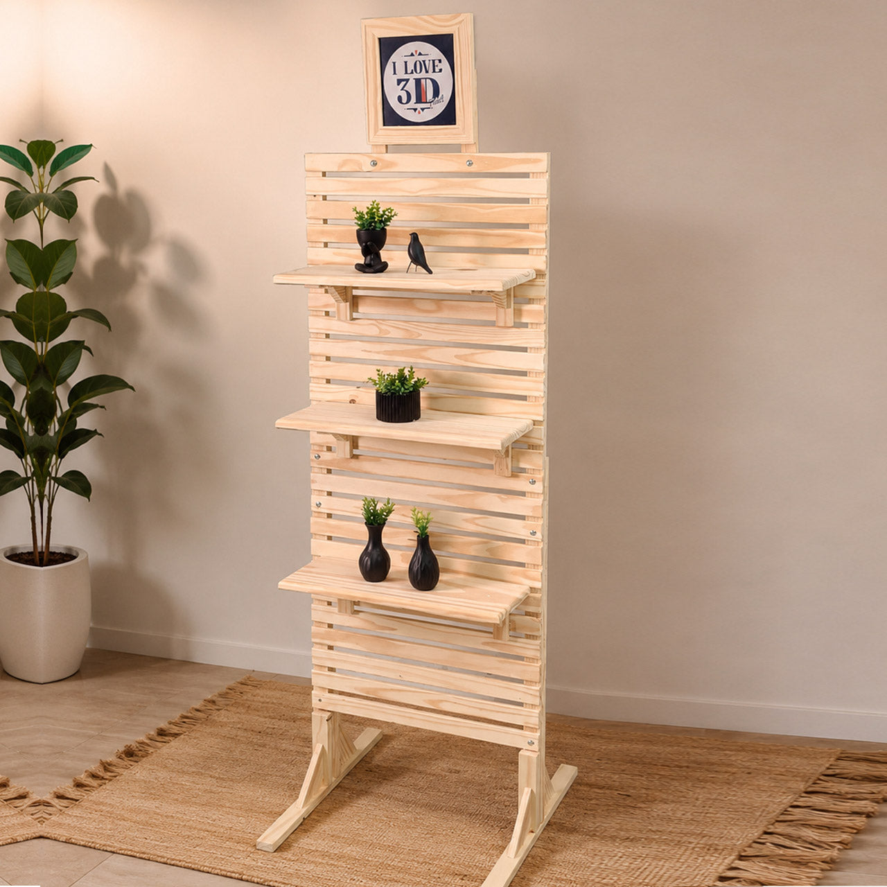 Pinewood Slat Wall Display Panel with Shelves – 1.5 ft x 5 ft Retail & Exhibition Display Stand