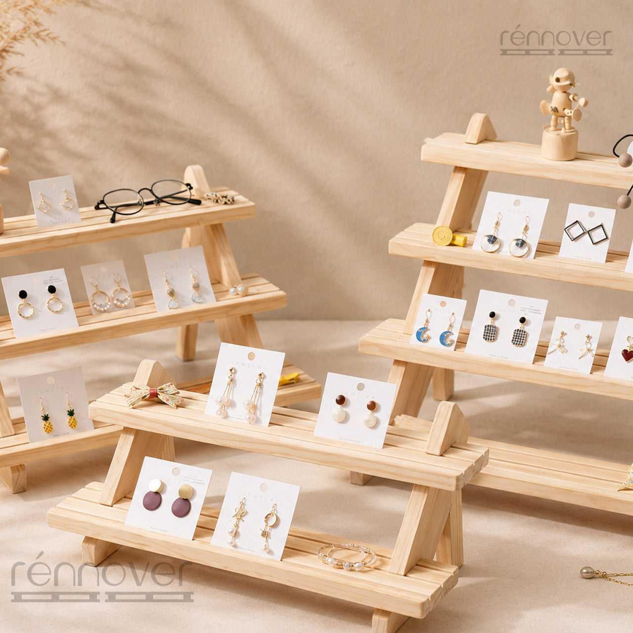 Set of 3 Tiered Pinewood jewellery Display Stands | Countertop Earring Display