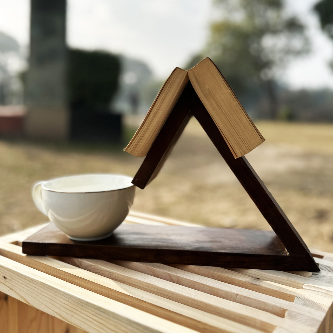 Wooden Book Rest with Cup & Mobile/iPad Holder | Triangle Book Stand & Mug Stand | Portable and Polished Wooden Page Rest
