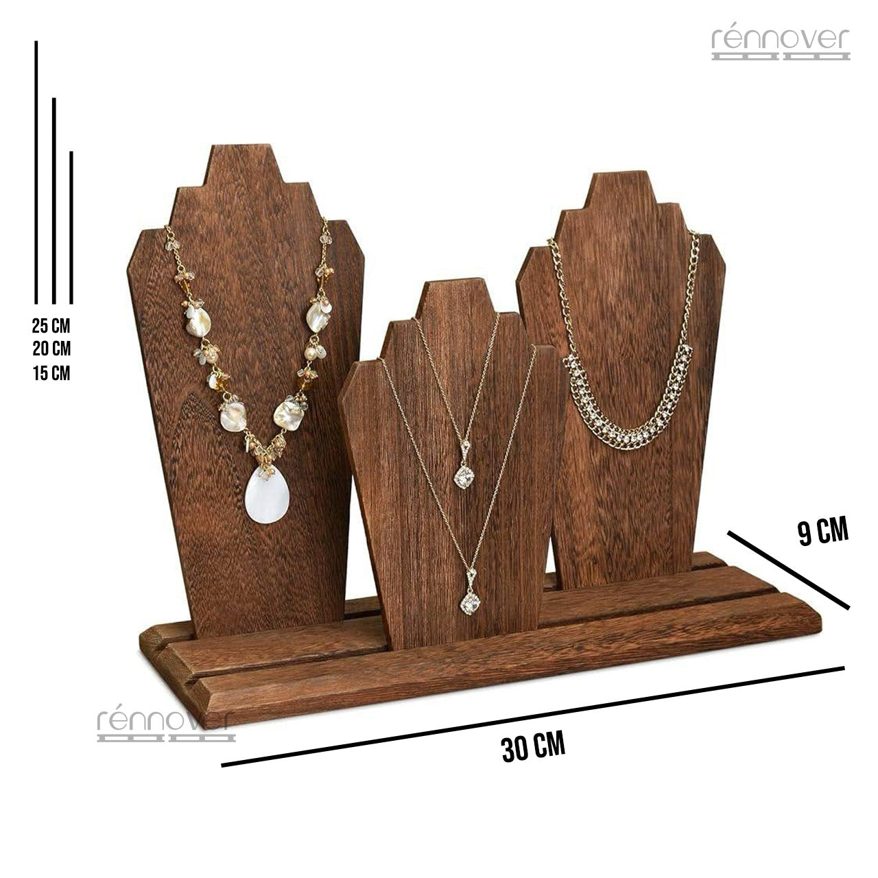 Necklace Display Stand – 3 Tier Pinewood Jewellery Bust Holder (Dark Polish)