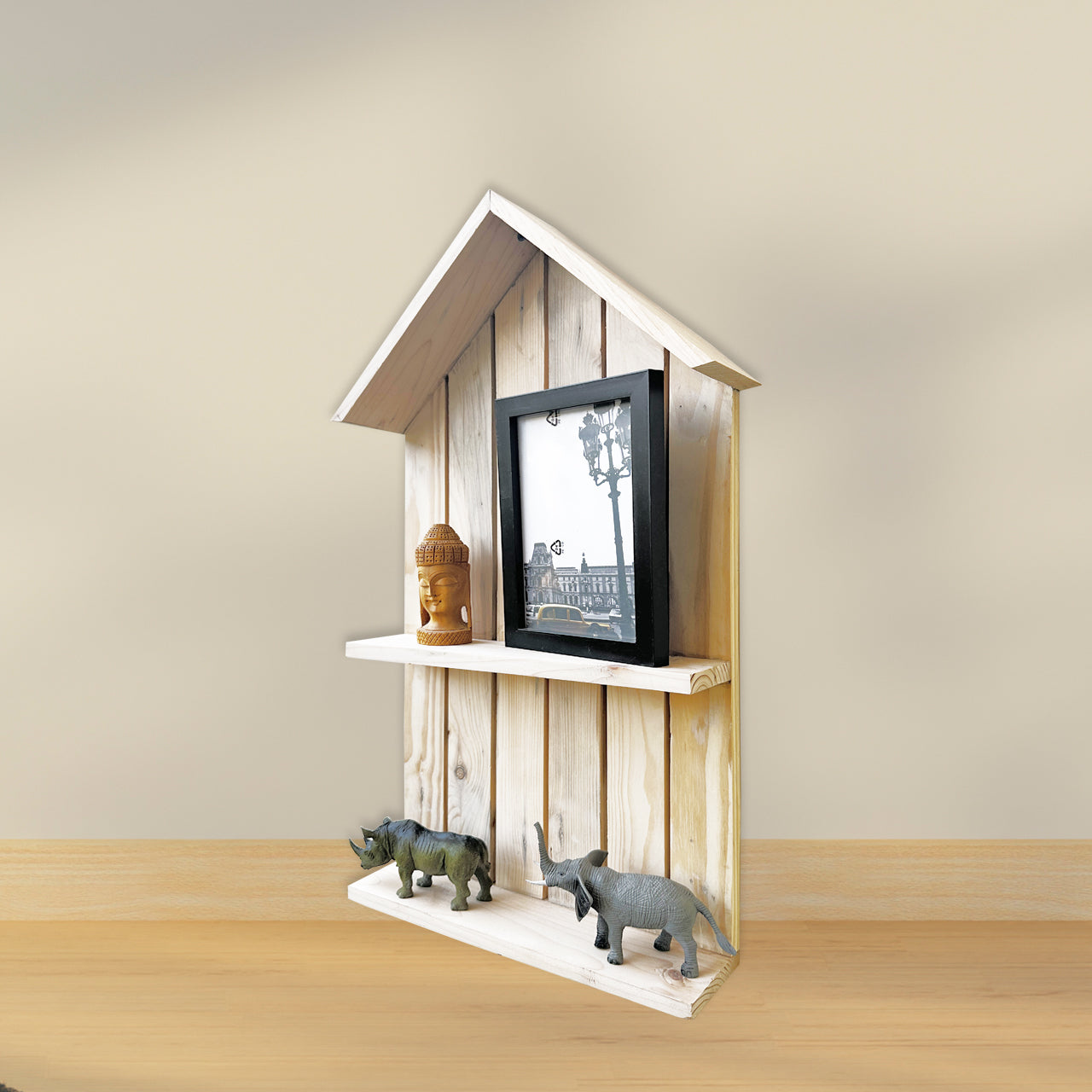 Mini House Design 2-Tier Wall Shelf | Wooden Hanging Rack for Home & Office
