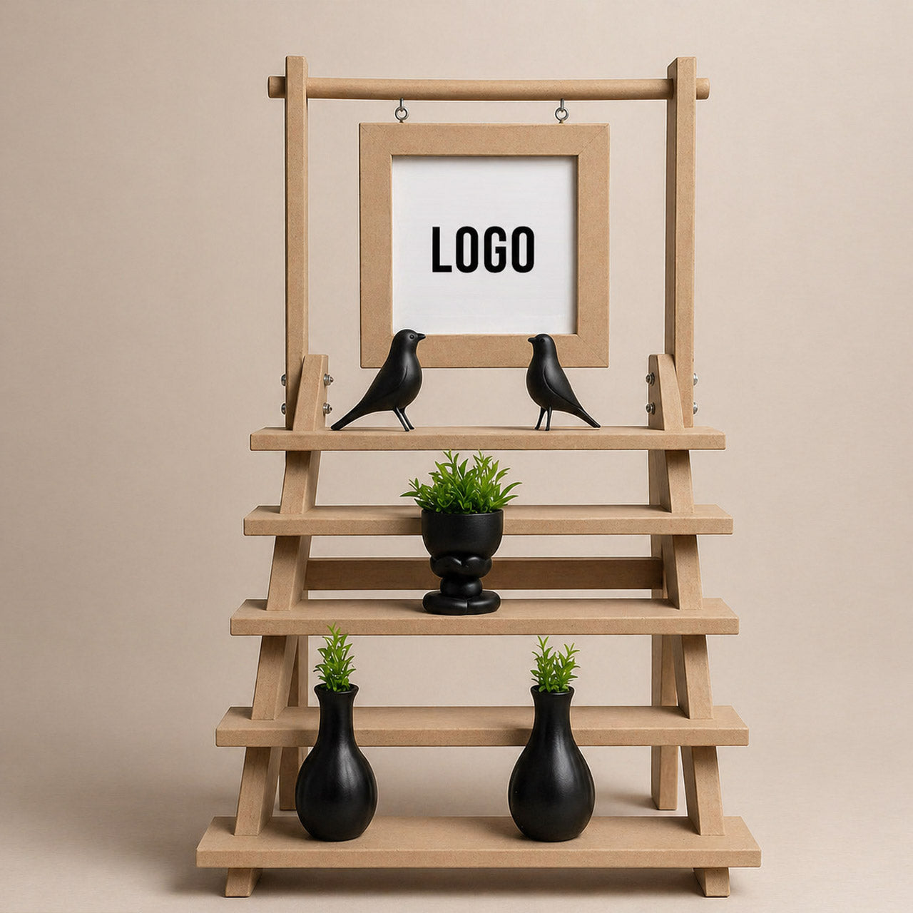 Compact Foldable 5-Tier MDF Display Stand – Collapsible Staircase Organizer with Branding Frame & 3 Bars | Perfect for Small Businesses, Events & Exhibitions