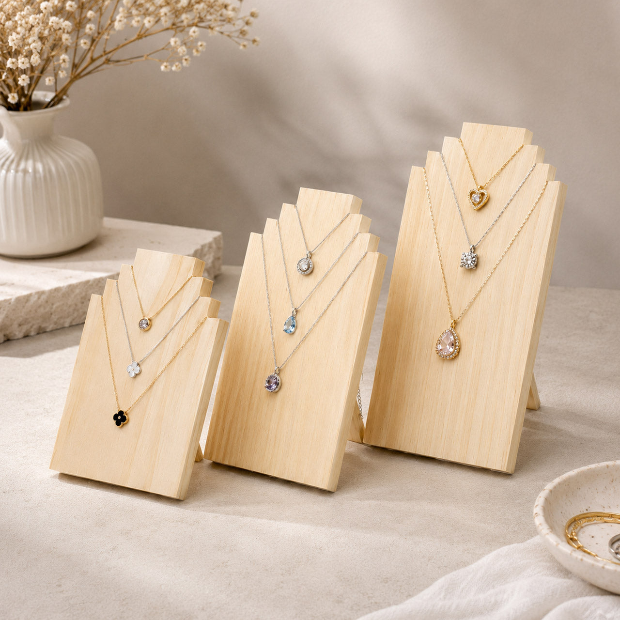 Pinewood Tiered Necklace Display Stand Set of 3 | Stepped Jewelry Organizer for Pendants & Chains