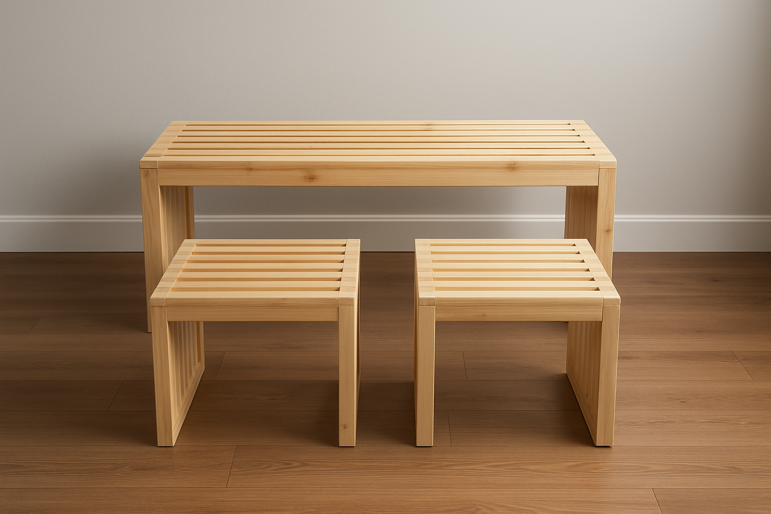 Outdoor/Indoor Wood Bench with 2 Stools – Large 4-Seater Pine Bench Set in Natural Cedar Finish