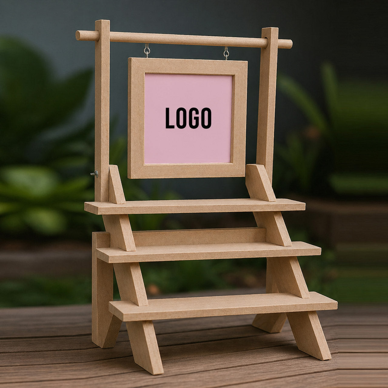 Custom MDF Staircase Display Stand – 3-Tier Organizer with Branding Frame & 3 Bars