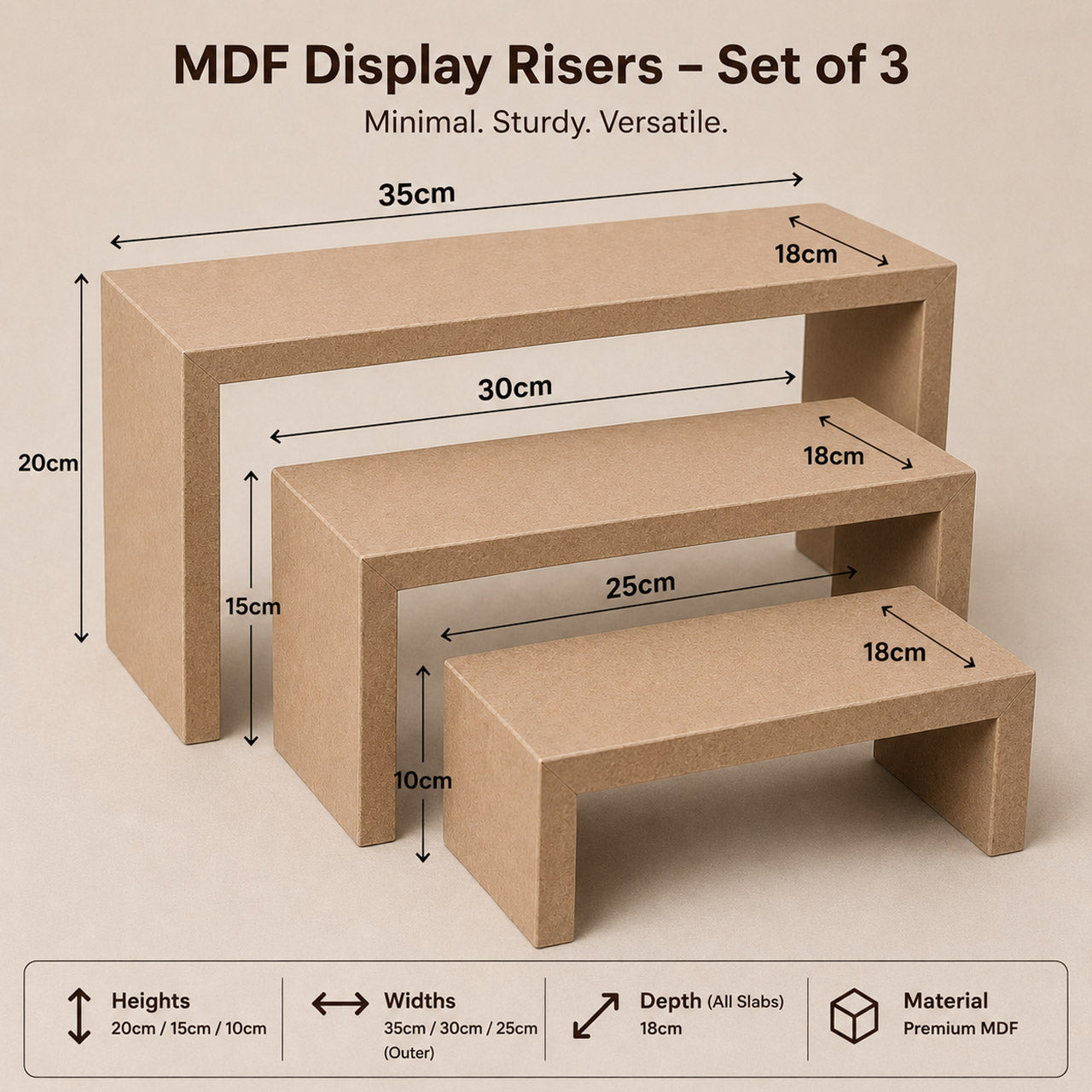 3-Tier MDF Display Risers – Modern 18cm Deep Stand for Retail, Events & Home Displays