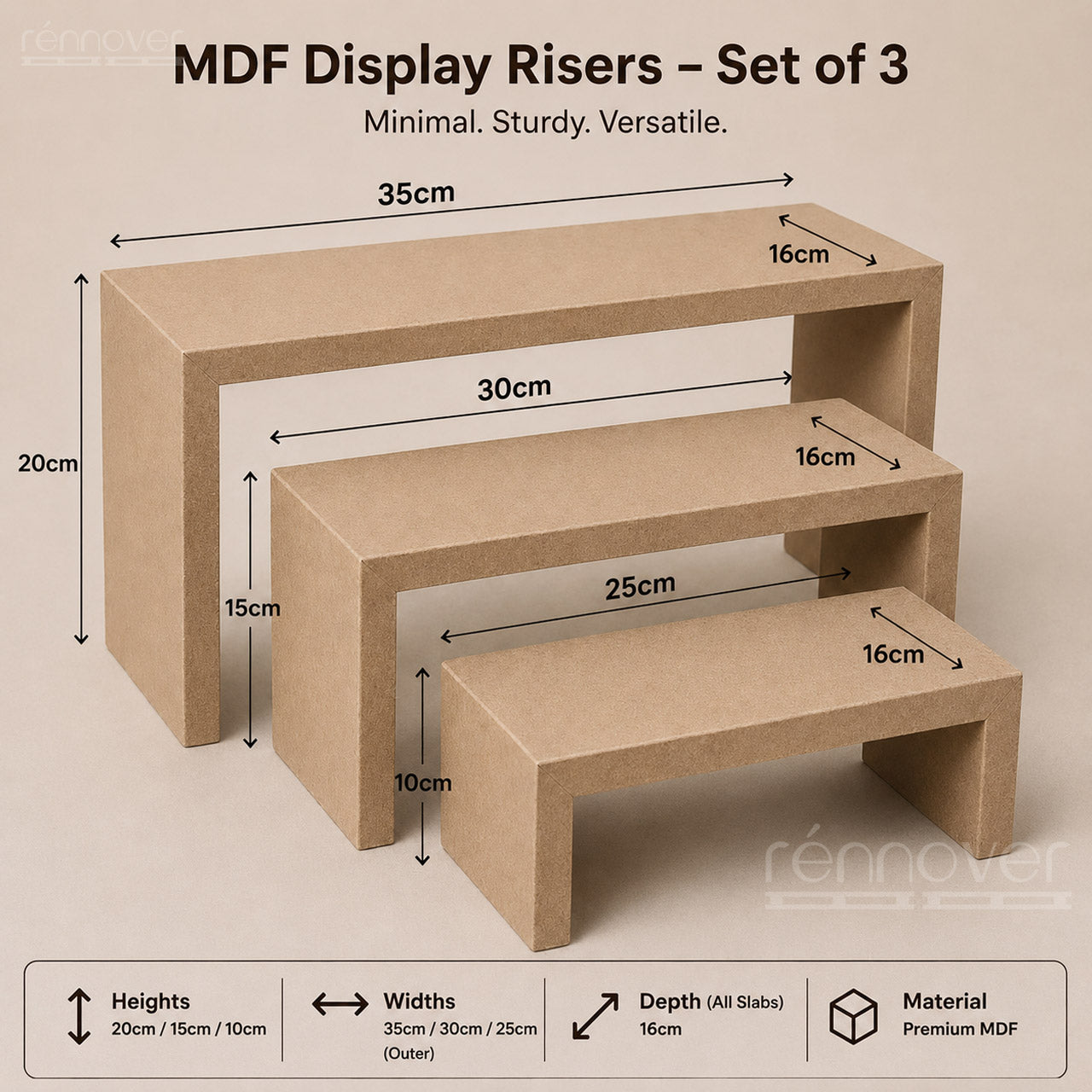 3-Tier MDF Display Risers – Modern 16cm Deep Stand for Retail, Events & Home Displays