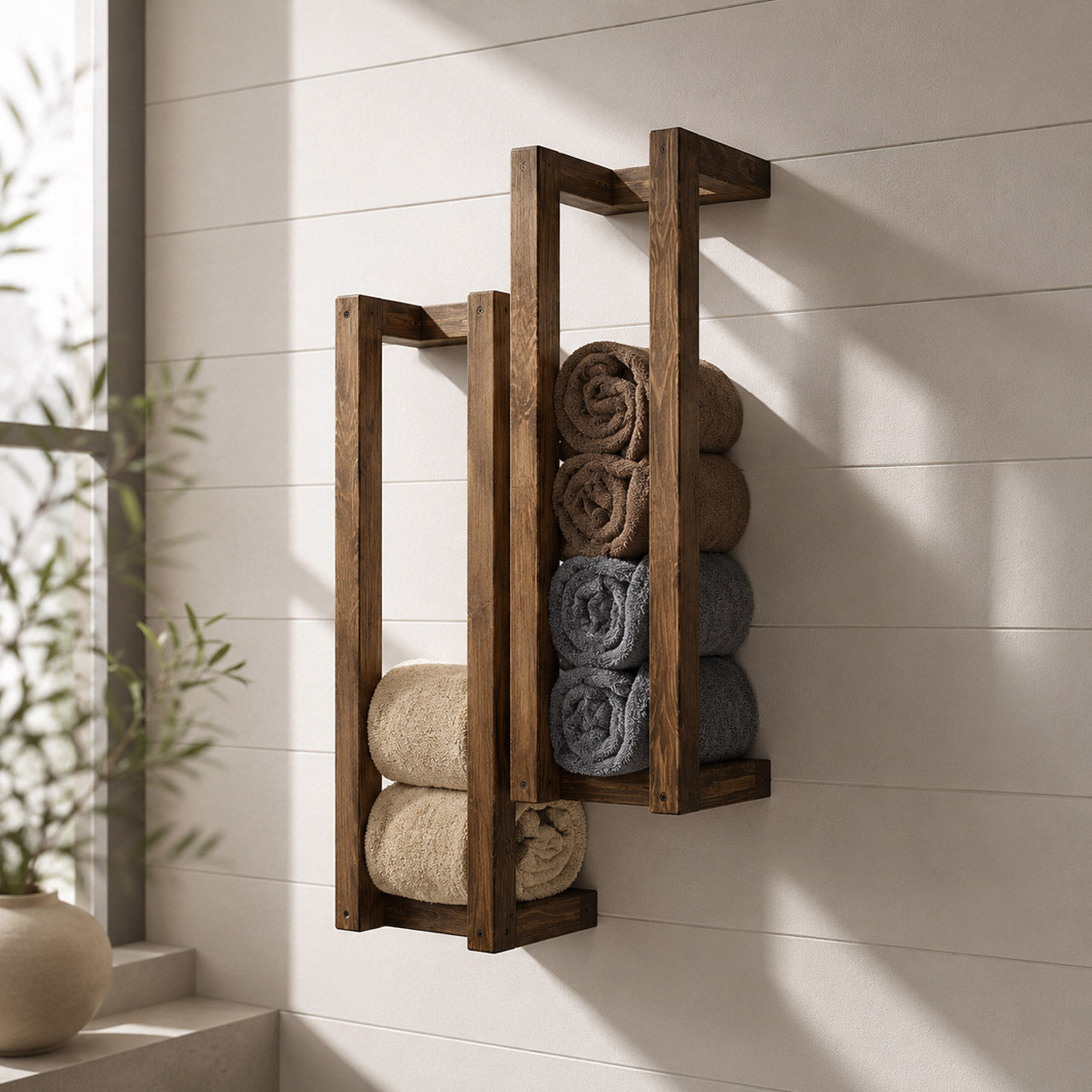 Rustic Wall-Mounted Wooden Towel Rack Set of 2 for Bathroom Storage