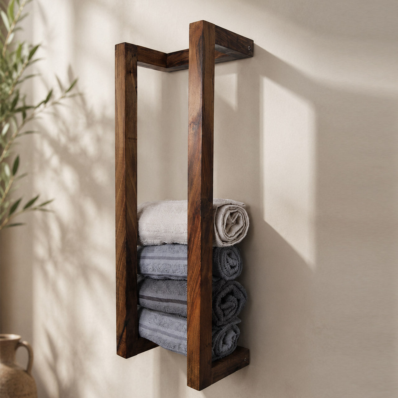 Rustic Wall-Mounted Wooden Towel Rack Set of 2 for Bathroom Storage