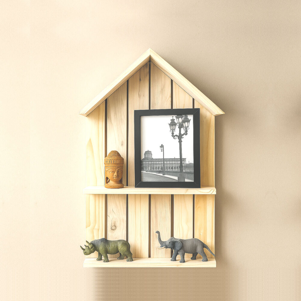 Mini House Design 2-Tier Wall Shelf | Wooden Hanging Rack for Home & Office - Image 2